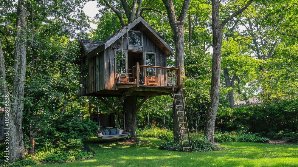 Charming treehouse nestled in lush greenery, offering a perfect escape for relaxation and adventure in the heart of nature. Charming treehouse nestled in lush greenery, offering a perfect escape for relaxation and adventure in the heart of nature.