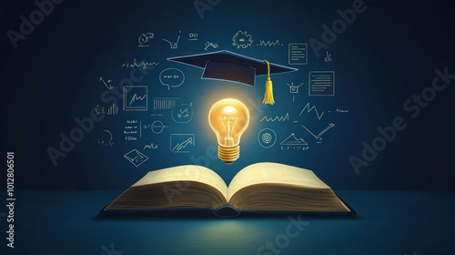 Education and Knowledge: A Glowing Lightbulb  Emerging from a Book