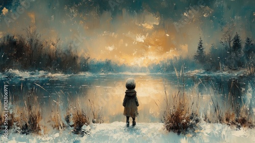 A child gazes at a serene winter landscape at sunset.