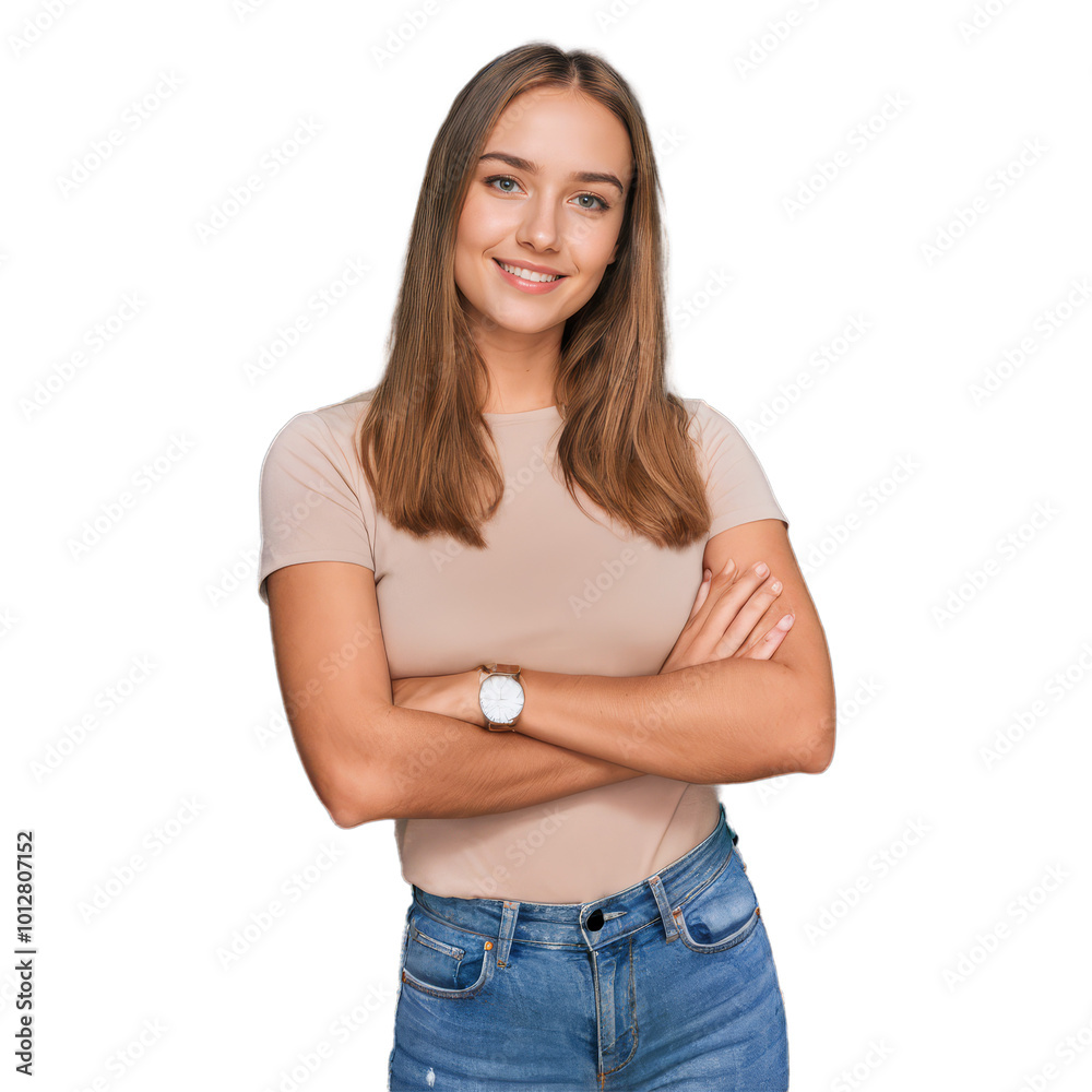 Happy Smiling Woman with Crossed Arms Isolated on Transparent Background Happy Smiling Woman with Crossed Arms Isolated on Transparent Background