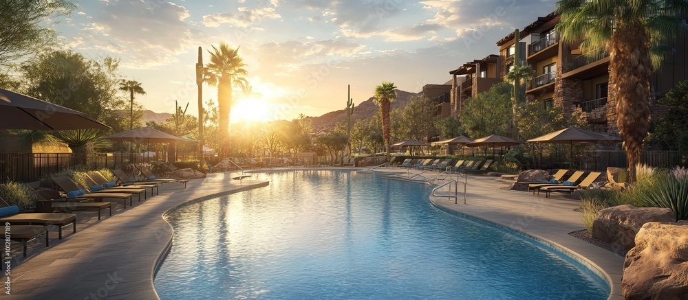Naklejka premium Sunset Serenity at a Desert Resort Pool