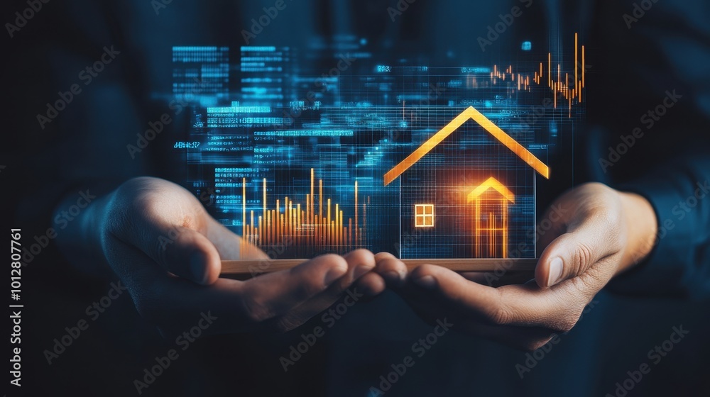 Hands exchanging a house model symbolizing a real estate investment, with graphs in the background. Hands exchanging a house model symbolizing a real estate investment, with graphs in the background.