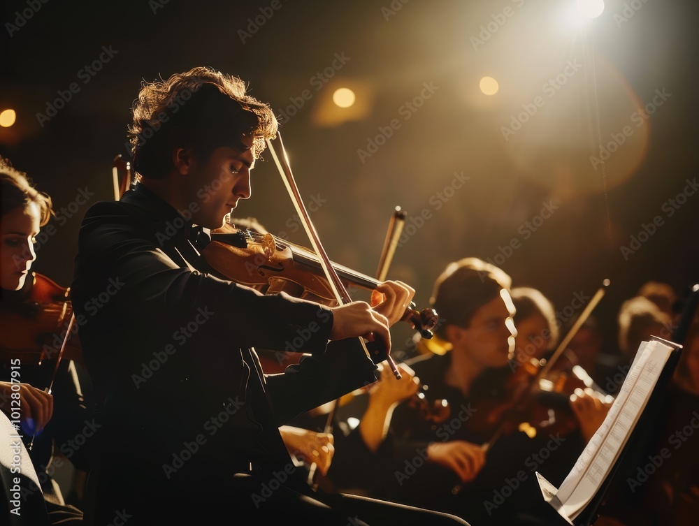 Fototapeta premium Orchestral Performance with Conductor and Musicians
