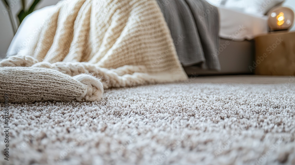 Cozy bedroom interior featuring a plush carpet and soft blanket, creating a warm and inviting atmosphere for relaxation. Cozy bedroom interior featuring a plush carpet and soft blanket, creating a warm and inviting atmosphere for relaxation.
