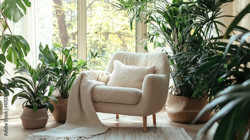 Cozy chair surrounded by lush green plants, creating a serene indoor atmosphere with natural light and soft textiles.