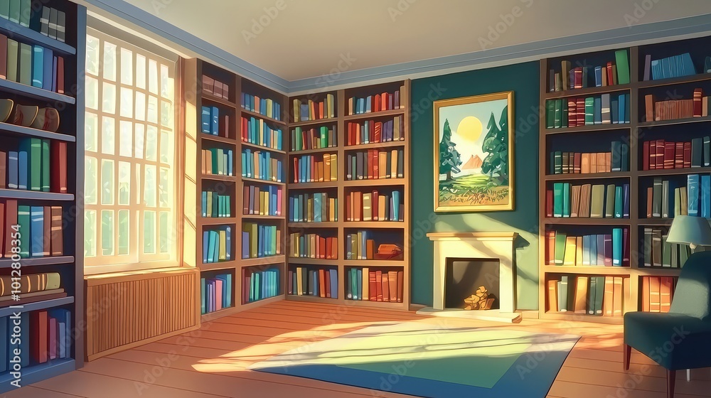 Cozy library interior with bookshelves, sunlight streaming in, and a serene painting on the wall, perfect for relaxation.