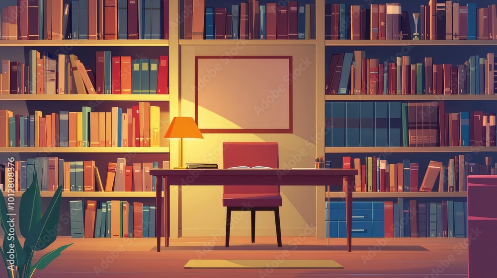 Cozy library scene featuring a warm desk, vibrant bookshelves, and a soft glow from a lamp, perfect for reading and relaxation. Cozy library scene featuring a warm desk, vibrant bookshelves, and a soft glow from a lamp, perfect for reading and relaxation.