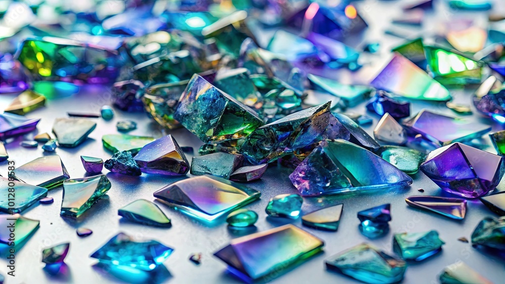 Shimmering shards of fractured glass, iridescent and multifaceted, refracting light into a kaleidoscope of vibrant colors. Shimmering shards of fractured glass, iridescent and multifaceted, refracting light into a kaleidoscope of vibrant colors.