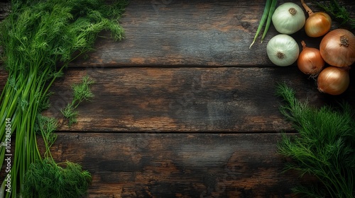 Green dill and onion on wooden table.