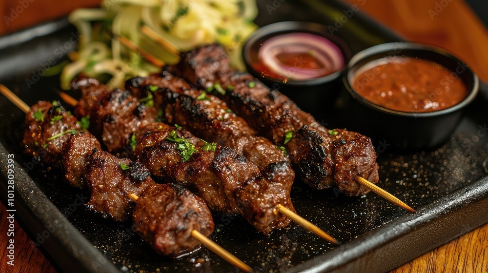 Delicious grilled skewers of tender meat served with dipping sauces and a fresh side of vegetables on a rustic black plate. Delicious grilled skewers of tender meat served with dipping sauces and a fresh side of vegetables on a rustic black plate.