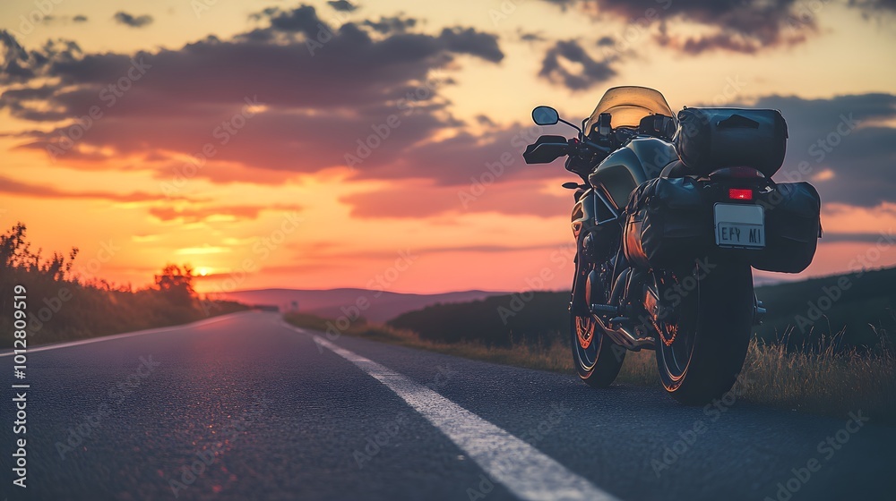 Fototapeta premium A motorcycle parked on the right side of the road during sunset, with a blurred background creating a peaceful atmosphere