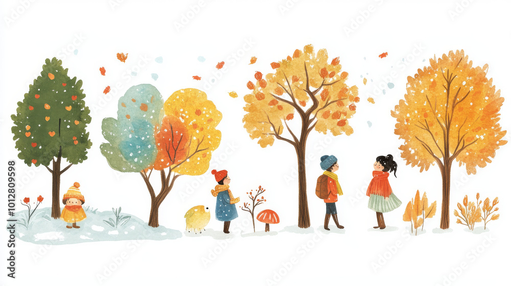 Fototapeta premium This design features cute illustrations for each season: winter, spring, summer, and autumn. It includes drawings of people, nature, trees, and more.