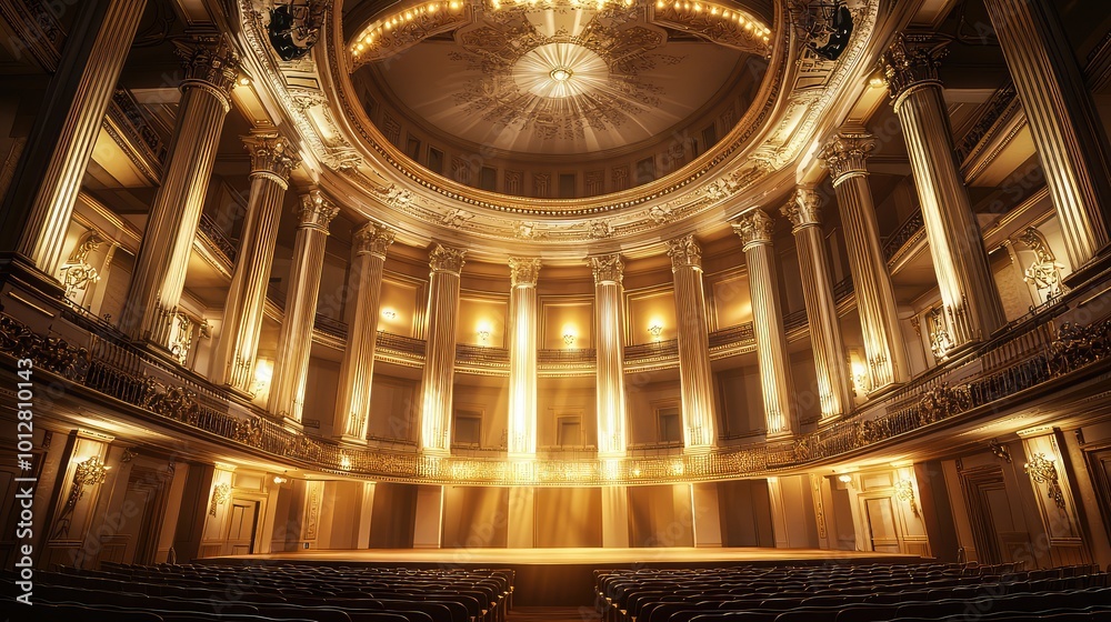 Dramatic view of an ornate theater interior, showcasing golden lighting and grand architecture, perfect for artistic celebrations. Dramatic view of an ornate theater interior, showcasing golden lighting and grand architecture, perfect for artistic celebrations.