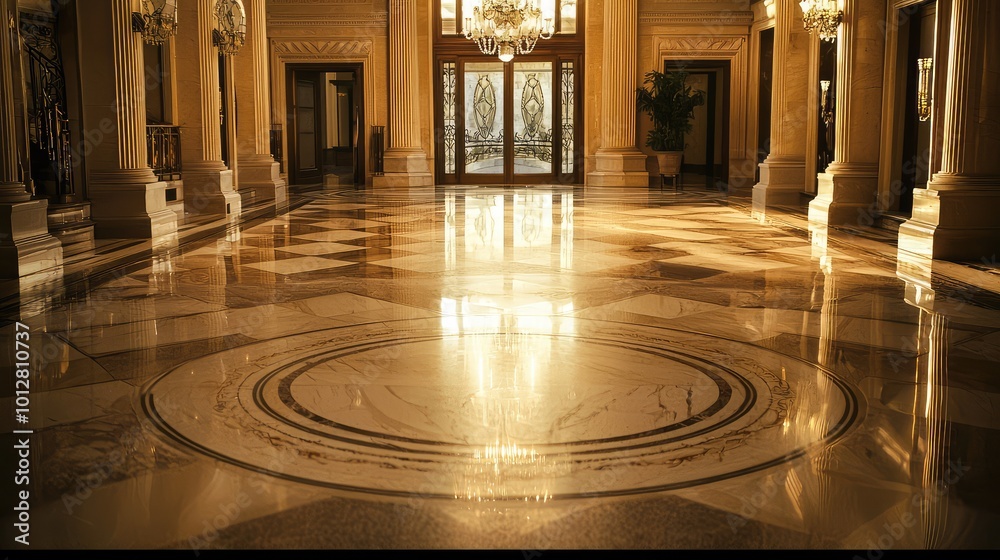 Obraz premium Elegant interior of a grand hall with a polished marble floor reflecting warm light and intricate designs.