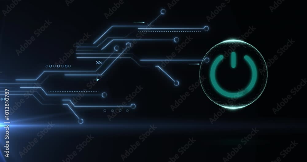 Animation of on off button over computer circuit board and data processing Animation of on off button over computer circuit board and data processing