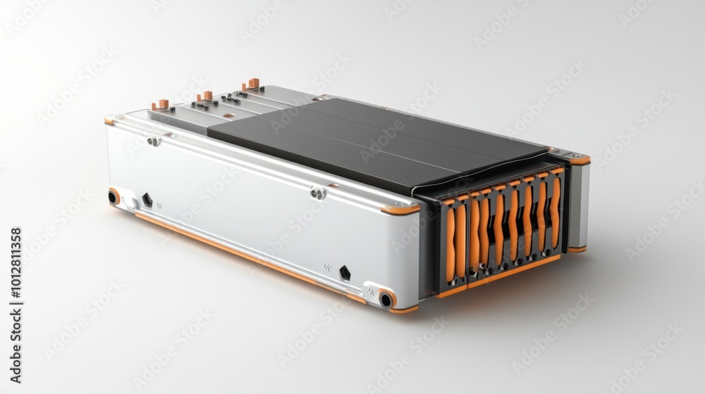 Compact electric vehicle battery module showing cell arrangement and power connectors, isolated on white Compact electric vehicle battery module showing cell arrangement and power connectors, isolated on white