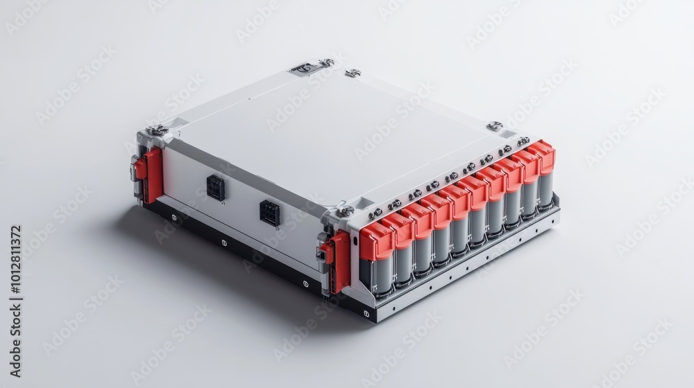 Compact electric vehicle battery module showing cell arrangement and power connectors, isolated on white Compact electric vehicle battery module showing cell arrangement and power connectors, isolated on white