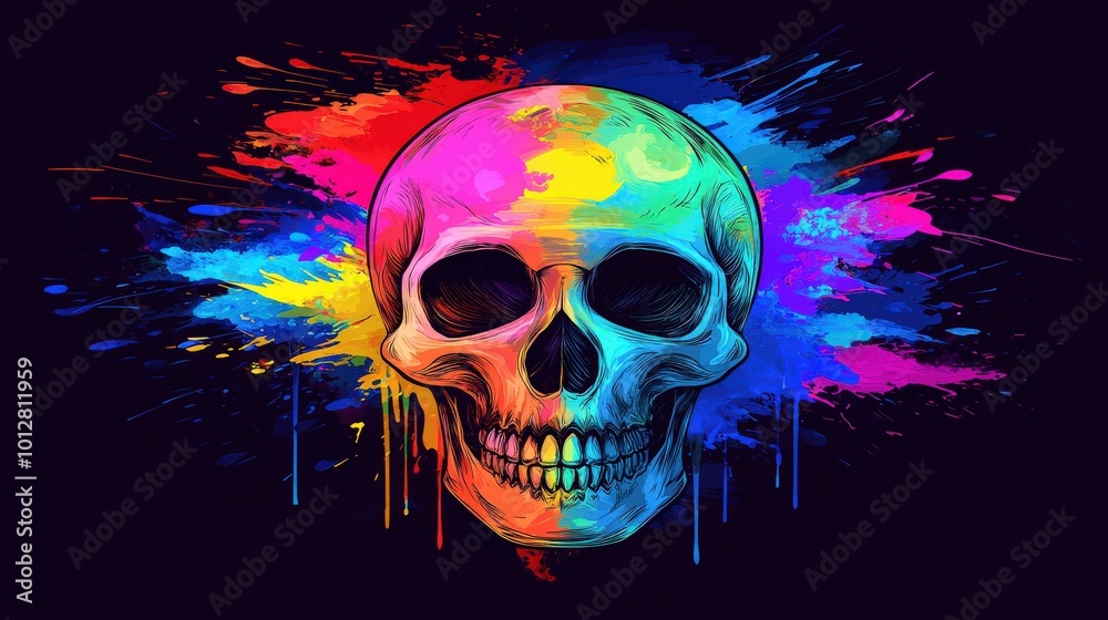 Vibrant Isometric Skull Illustration with Colorful Splashes Vibrant Isometric Skull Illustration with Colorful Splashes