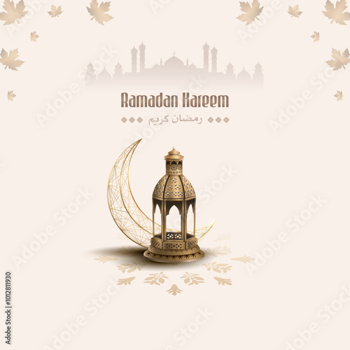 islamic greetings ramadan kareem card design with lanterns and crescent	