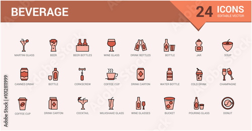 Beverage colorful icons set. Breakfast and drinks color symbol collection. Line sign for web and ui. Vector illustration. Icon names are written in English.