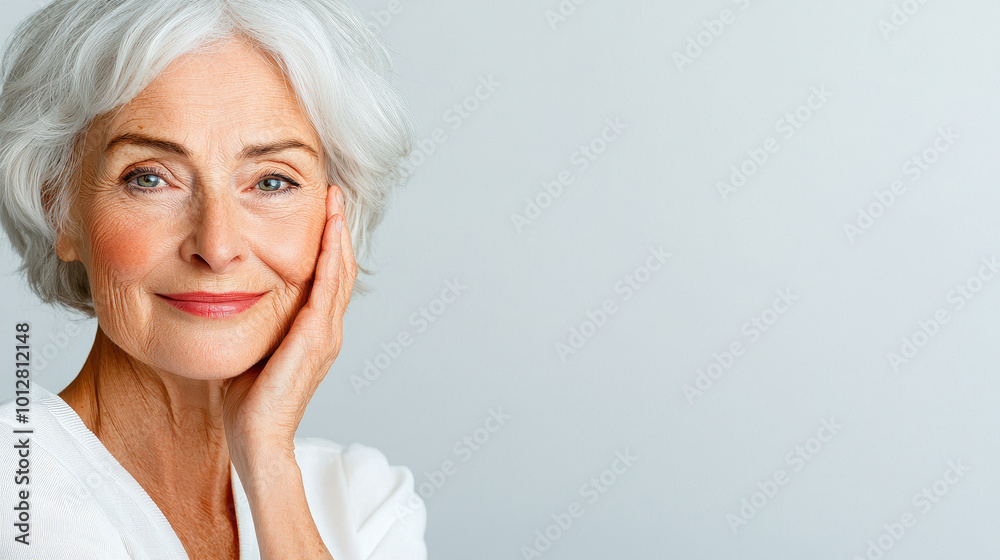 Portrait of a graceful senior woman with silver hair, softly smiling and resting her hand on her cheek against a light background Portrait of a graceful senior woman with silver hair, softly smiling and resting her hand on her cheek against a light background