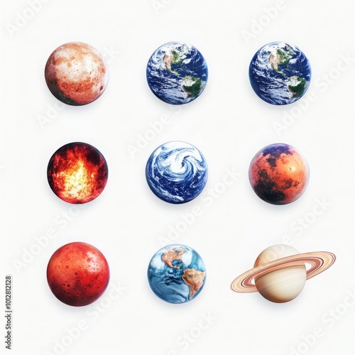 Wallpaper Mural Collection of Celestial Bodies Including the Sun, Earth, Moon, Mars, and Saturn Isolated on Clean White Background Torontodigital.ca