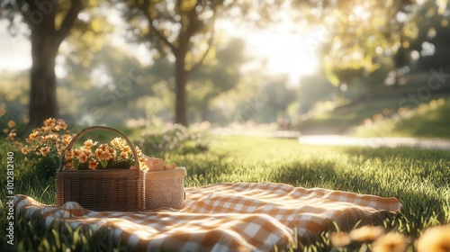 A serene picnic scene with a basket and flowers, bathed in warm sunlight, perfect for summer relaxation in nature. photo