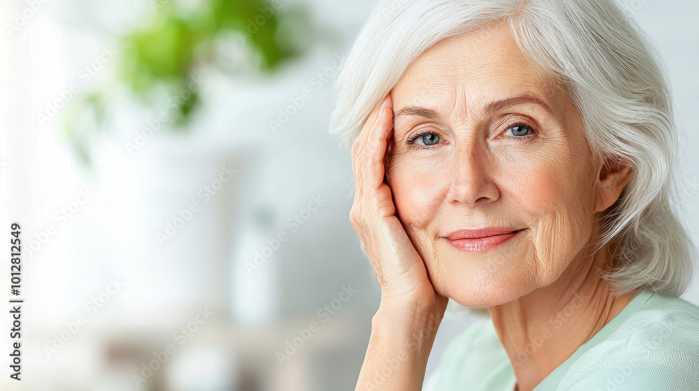 Fototapeta premium Portrait of an elderly woman with gray hair and a gentle smile, resting her head on her hand in a bright, soft-lit room