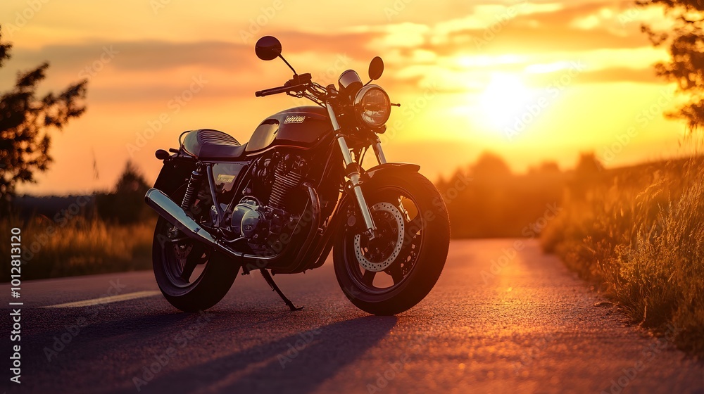 Obraz premium A motorcycle parked on the right side of the road during sunset, with a blurred background creating a peaceful atmosphere