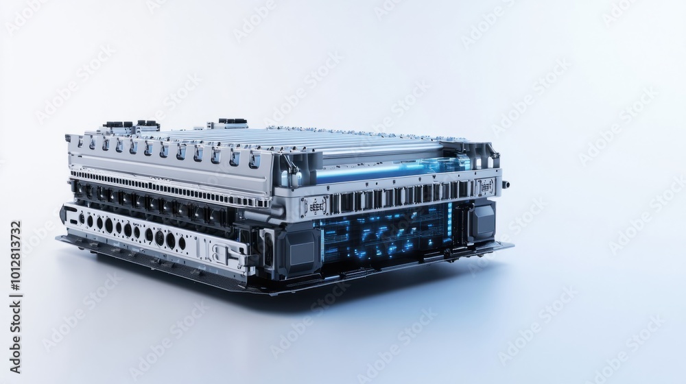 Electric vehicle battery pack with energy cells and thermal management system, isolated on white background Electric vehicle battery pack with energy cells and thermal management system, isolated on white background