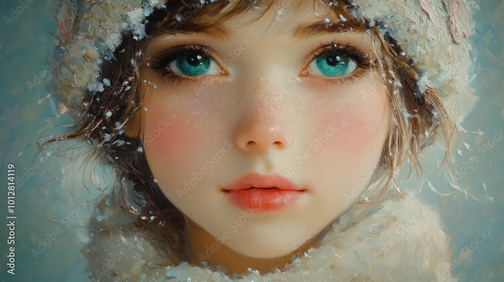 Portrait of a girl with blue eyes, snowflakes, and soft features. Portrait of a girl with blue eyes, snowflakes, and soft features.