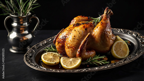 A luxurious roasted chicken perfectly crisped and surrounded by rich gravy, rosemary sprigs, and charred lemon halves on an ornate tray photo