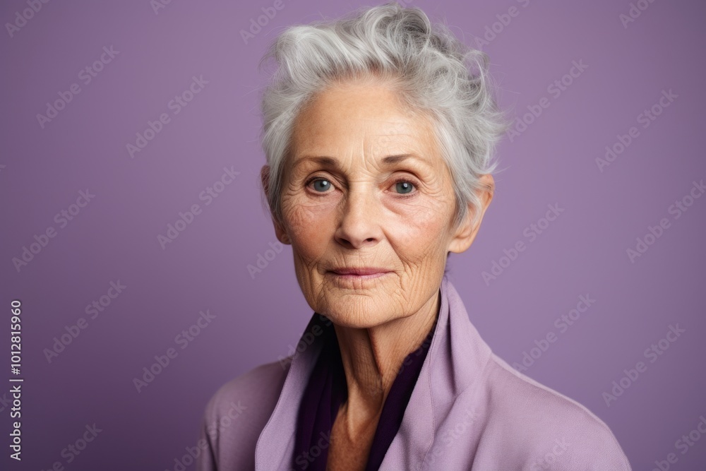 Portrait of a beautiful senior woman with grey hair on a purple background Portrait of a beautiful senior woman with grey hair on a purple background
