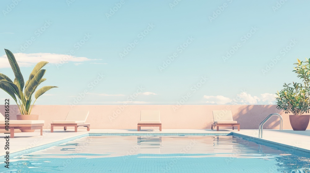 Fototapeta premium Serene rooftop pool with clear water, surrounded by modern lounge chairs and lush plants, under a bright blue sky.