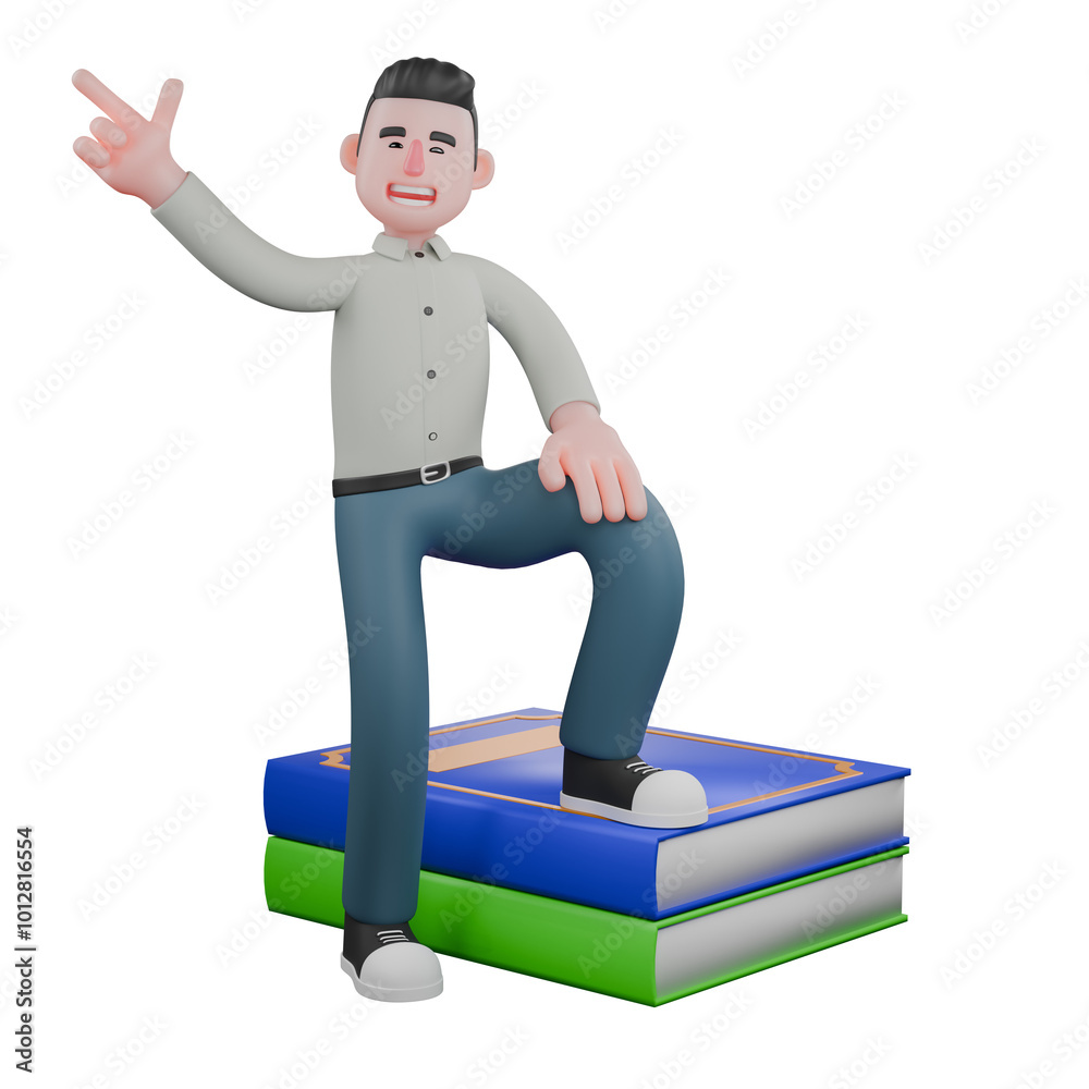 Cartoon Professional Writer. A male writer stands with one foot on a pile of thick books, pointing upwards with his left hand and his right hand on his right foot. 3D Male Cartoon Professional Writer. A male writer stands with one foot on a pile of thick books, pointing upwards with his left hand and his right hand on his right foot. 3D Male