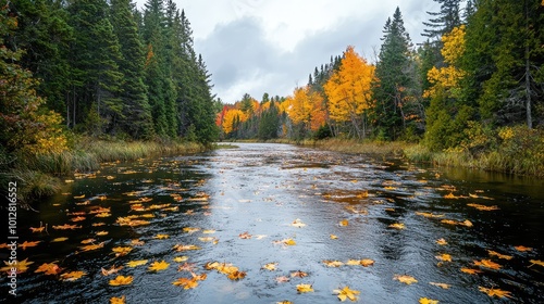 Serene river surrounded by vibrant autumn trees and scattered leaves, showcasing the beauty of nature's seasonal transition. photo