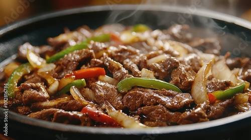 Sizzling beef with colorful vegetables in a hot skillet, creating a delicious and aromatic dish ideal for culinary photography.