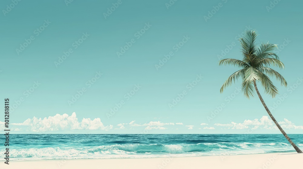 Tranquil beach scene with a single palm tree against a serene blue ocean and cloud-dotted sky, perfect for relaxation imagery. Tranquil beach scene with a single palm tree against a serene blue ocean and cloud-dotted sky, perfect for relaxation imagery.