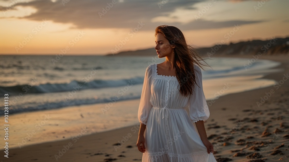 woman walking on the beach at sunset woman walking on the beach at sunset