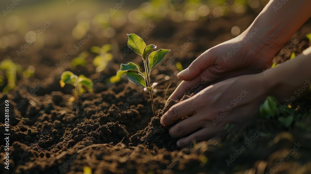 Fototapeta premium Planting New Life: Hands Gently Nurturing a Sapling in Rich Soil