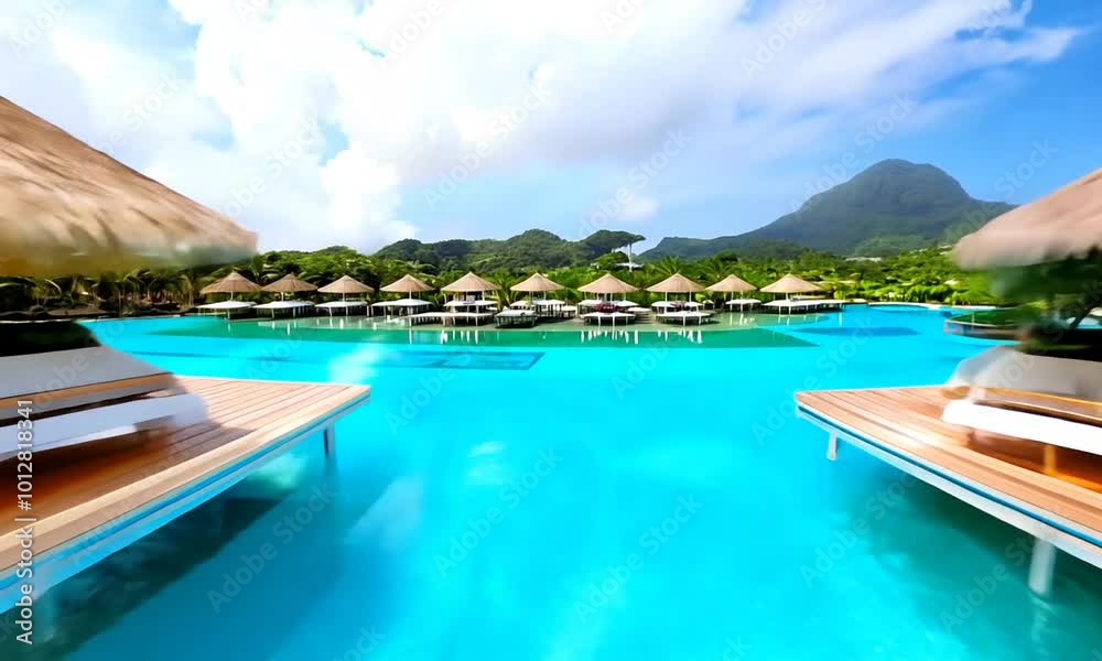 Swimming pool at Maldives tropical resort hotel in a relaxing and peaceful atmosphere with lounge chairs under umbrellas and palm leaves