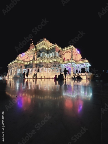 Prem Mandir Vrindavan Illuminated at Night with Vibrant Colors photo