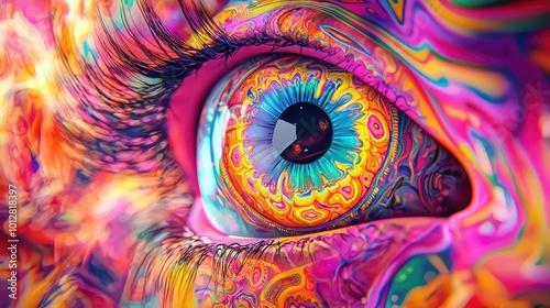 Vibrant, colorful eye with psychedelic patterns, showcasing intricate details and stunning visual effects for artistic expression.