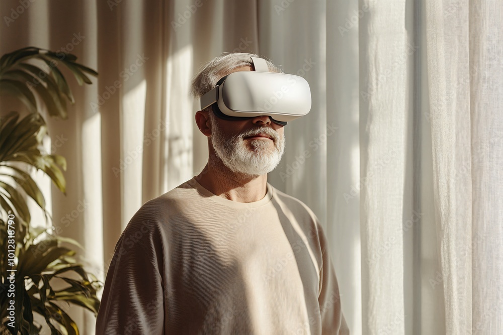 Middle-Aged Man Enjoying VR Experience at Home Middle-Aged Man Enjoying VR Experience at Home