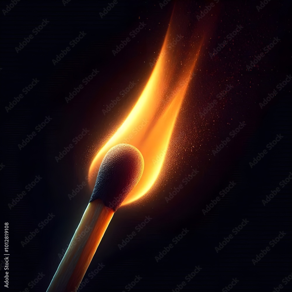 burning match on black background, matchstick ignited with vibrant orange flame burning match on black background, matchstick ignited with vibrant orange flame