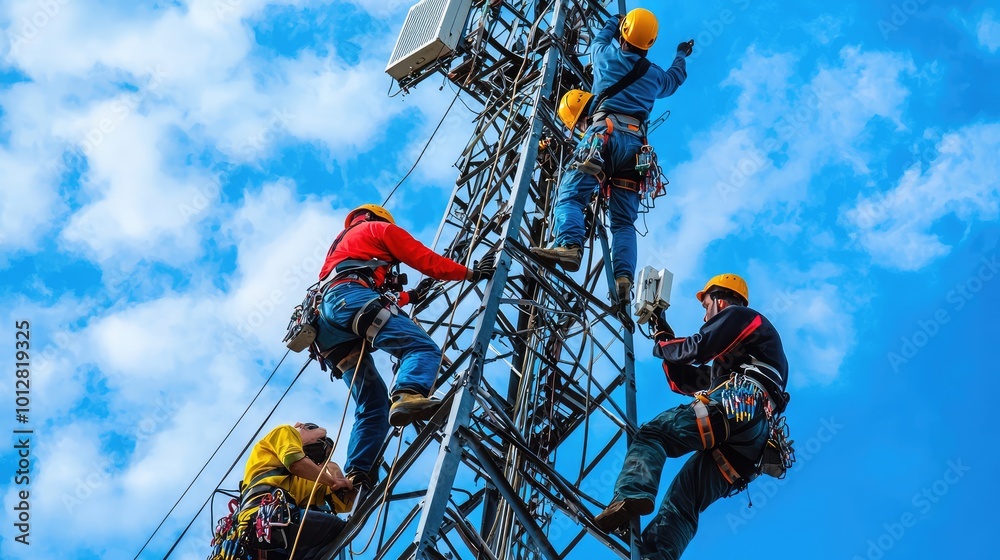 Fototapeta premium Workers climbing a telecommunications tower, wearing safety gear, installing equipment against a backdrop of blue sky.