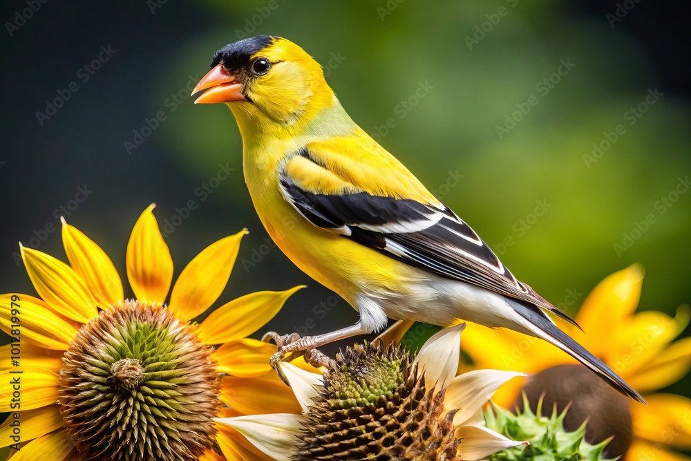 Obraz premium Male American Goldfinch on Sunflower with Seeds - Vibrant Yellow and Black Bird in Natural Habitat Feeding Nearby