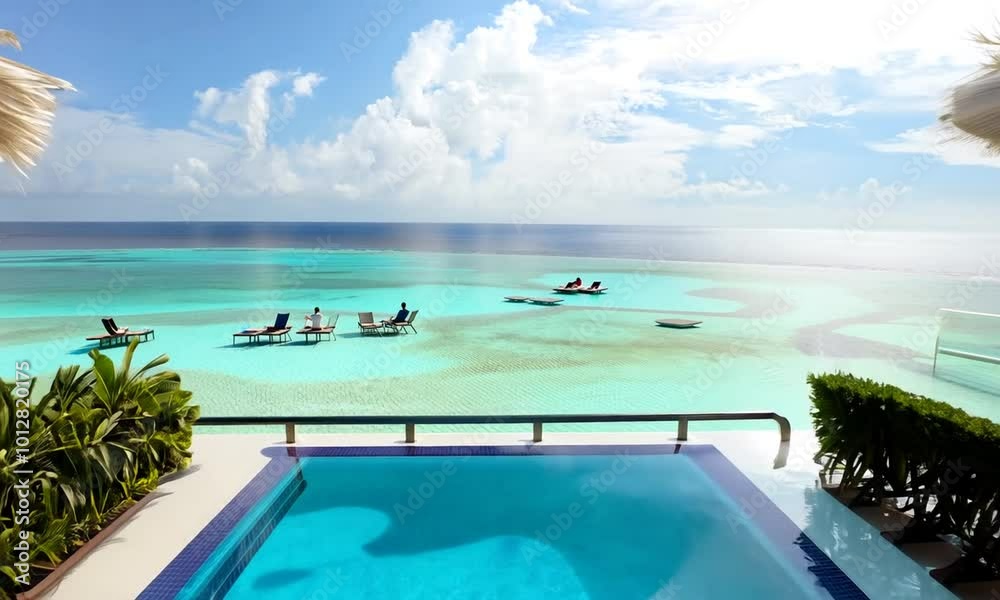 Swimming pool at Maldives tropical resort hotel in a relaxing and peaceful atmosphere with lounge chairs under umbrellas and palm leaves Swimming pool at Maldives tropical resort hotel in a relaxing and peaceful atmosphere with lounge chairs under umbrellas and palm leaves
