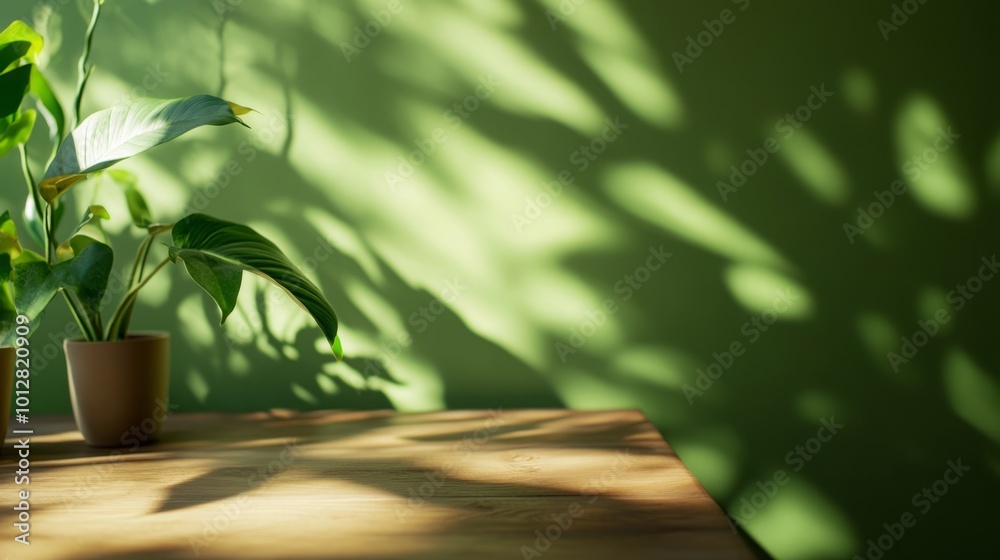 Eco-Friendly Interior Concept: Wooden Table with Green Wall, Sunlight Casting Leaf Shadows Through Window Eco-Friendly Interior Concept: Wooden Table with Green Wall, Sunlight Casting Leaf Shadows Through Window