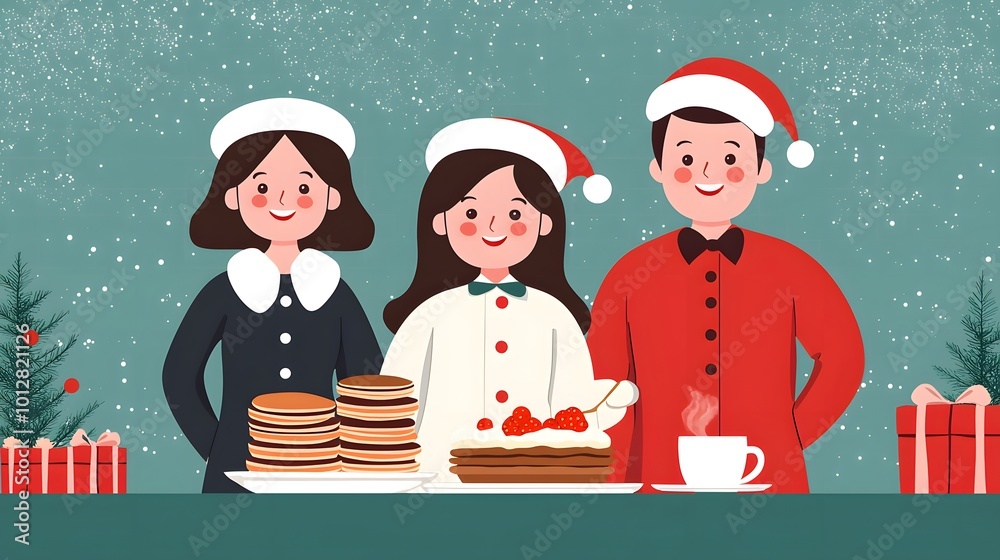 A cheerful family poses with delicious pancakes and gifts, adorned in festive attire, radiating joy.Matching Family Pajamas A cheerful family poses with delicious pancakes and gifts, adorned in festive attire, radiating joy.Matching Family Pajamas